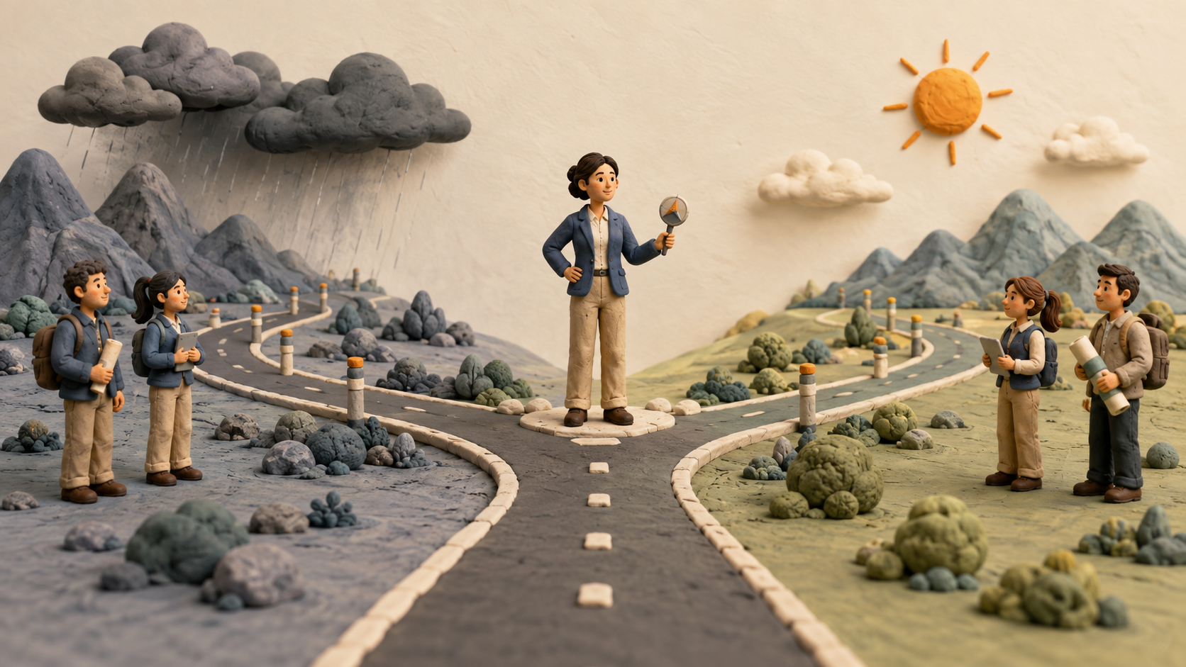 Clay-diorama road splitting into two prepared routes at a decision point under changing weather