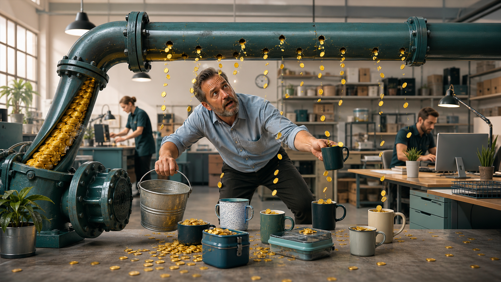 Clay-diorama showing small leaks weakening a business result