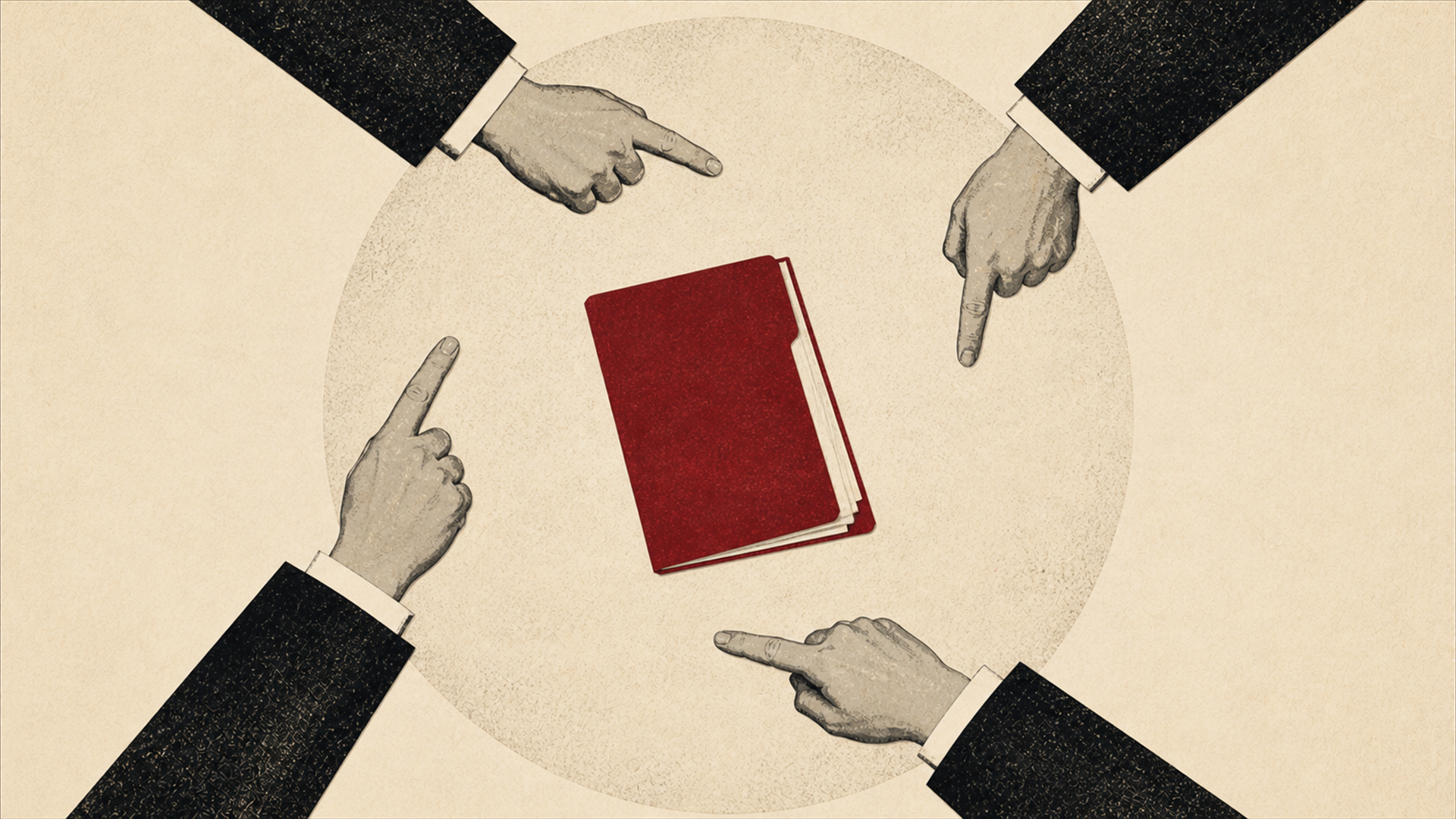 Editorial cut-paper figures pointing around a circle of unclaimed responsibility