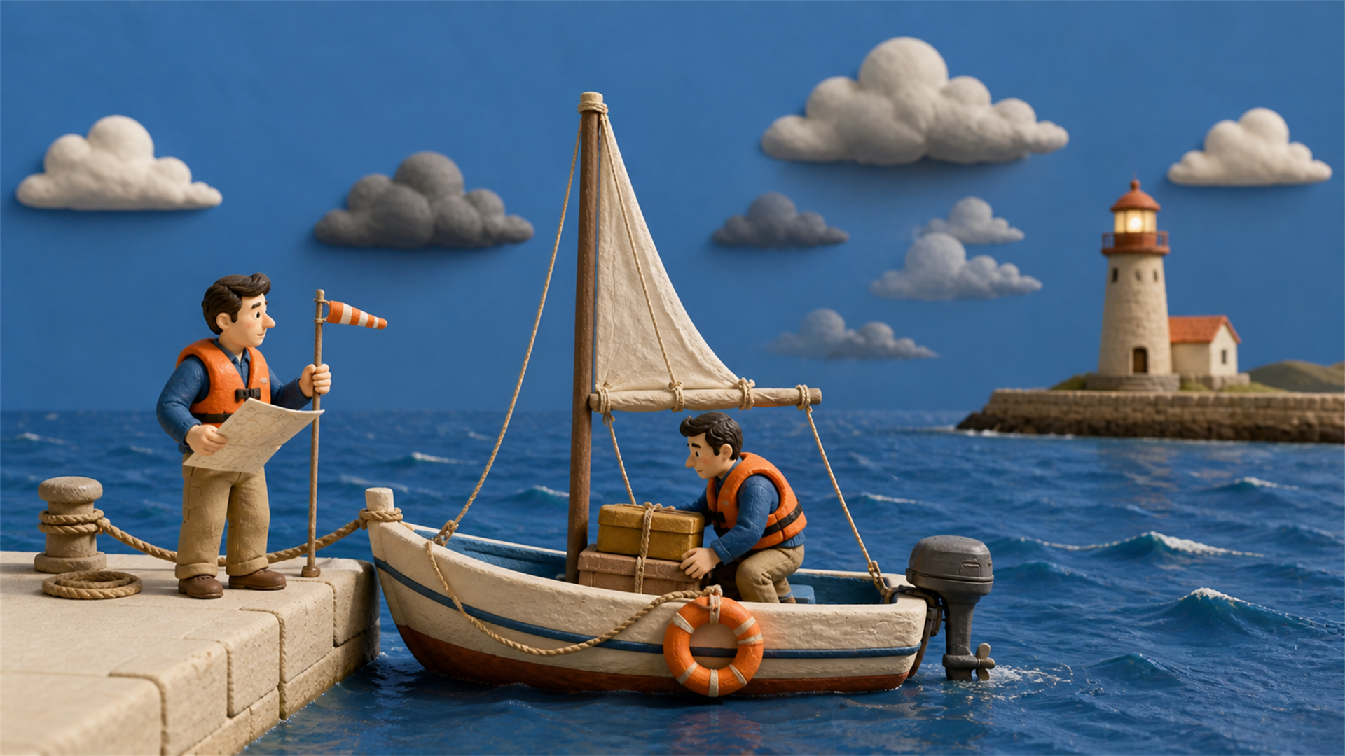 Clay-diorama showing a prepared boat leaving shore under uncertain weather