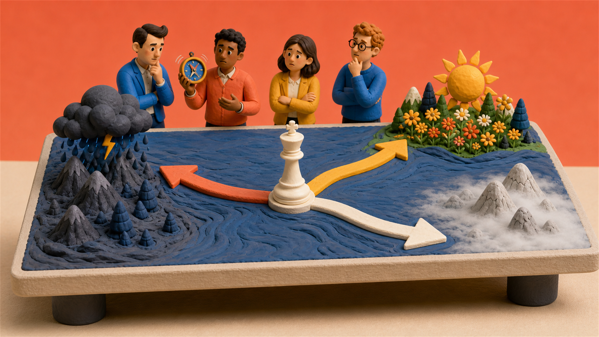 Clay-diorama strategist studying a large map with a chess piece and uncertain routes