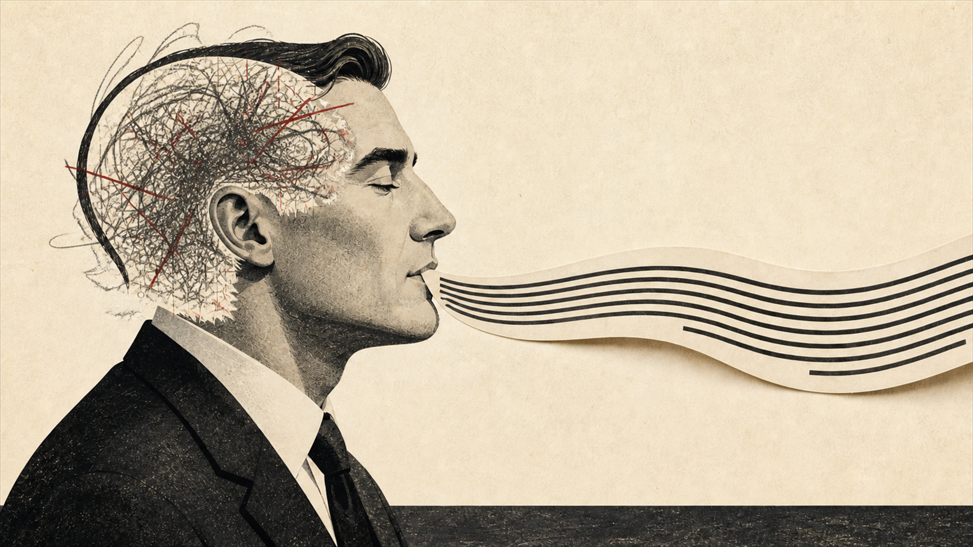 Editorial cut-paper illustration of polished language covering an unfinished thought